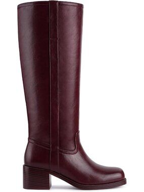 Womens Burgundy Red Square Toe Chunky Block Heel Wide Calf Riding Knee High Boot